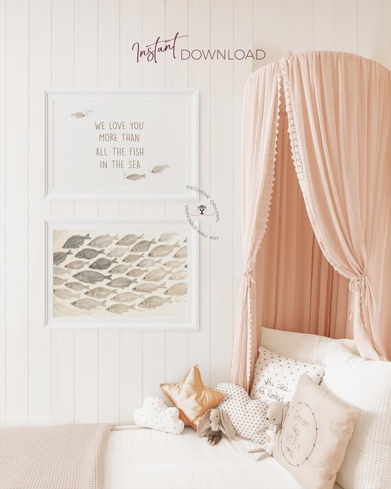 Neutral Fish Nursery Wall Art, Ocean Print Set of 2, Coastal Baby Room Decor, We Love You More Than All the Fish Printable