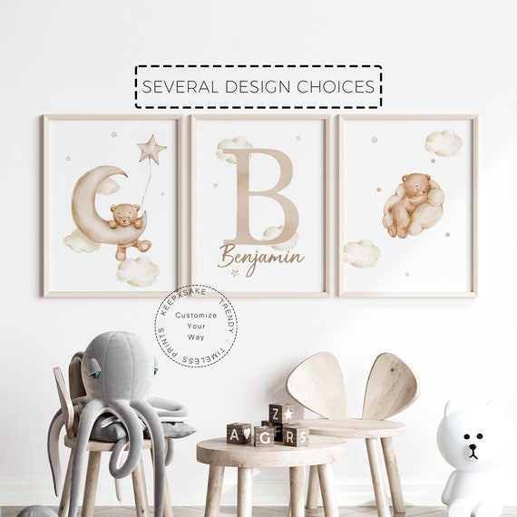 Set of 3 Nursery Teddy Bear Prints | Stars Cloud Moon | Bear Nursery Decor | Natural Beige Boho Balloon Nursery Decor | New Baby Boy Gift