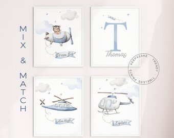 Personalisierte Flugzeug Kinderzimmer Drucke - Blaue Luftfahrt, 4er Set (Digitaler Download)