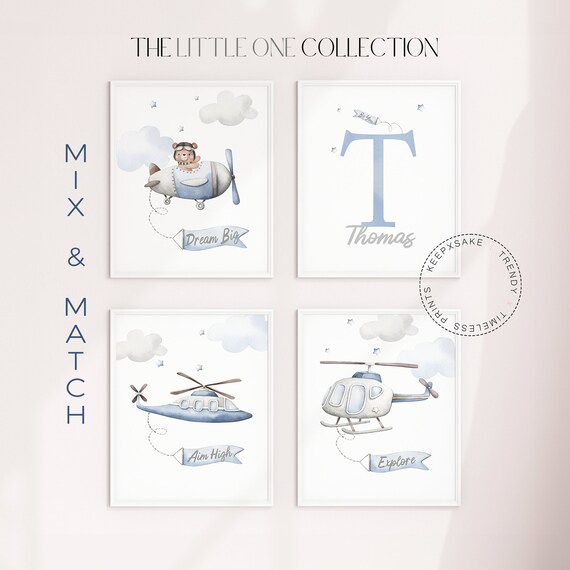 Airplane Nursery Decor |Blue Beige Nursery |Boy Nursery Room Print Personalized |Custom Airplane Wall Art |Boys Inspirational Words Set of 4