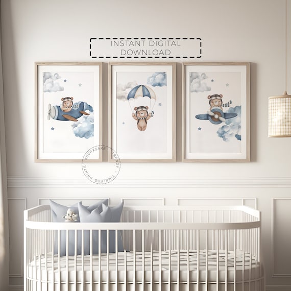 Teddy Bear Nursery Prints Set of 3 | Boys Blue Brown Nursery Decor |New Baby Gift | Bear Airplane Balloon Nursery Wall Art |Digital Download