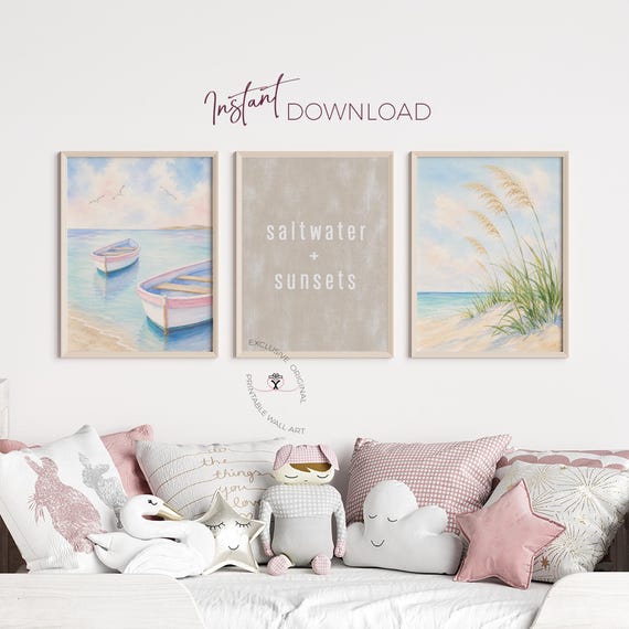 Coastal Wall Art Set of 3 | Saltwater and Sunsets Printable | Pastel Beach Bedroom Decor | Girls Room Instant Download