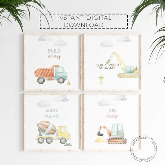 Construction Trucks Prints | Watercolor Construction Nursery Decor | Playroom Truck Vehicles Posters | Boys Room Wall Art | Digital Download