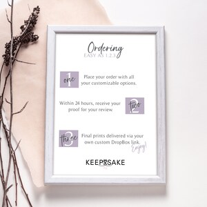 May include: A framed print with the text "Ordering EASY AS 1.2.3". The steps are numbered one, two, and three, with accompanying text. The frame is white, and the background is a neutral color with dried branches.