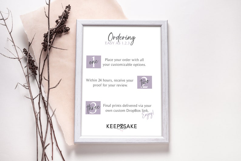 May include: A framed print with the text "Ordering EASY AS 1.2.3". The steps are numbered one, two, and three, with accompanying text. The frame is white, and the background is a neutral color with dried branches.