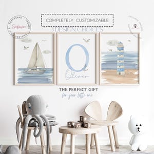 Personalized Nautical Nursery Prints | Sailboat Lighthouse Wall Art | Seaside Ocean Boy Nursery Decor | Blue Nursery |Sailor Ocean Wall Art