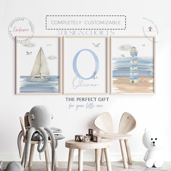 Personalized Nautical Nursery Prints | Sailboat Lighthouse Wall Art | Seaside Ocean Boy Nursery Decor | Blue Nursery |Sailor Ocean Wall Art