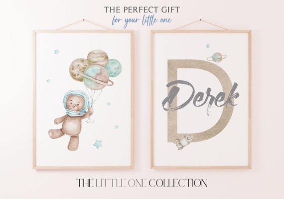 Space Nursery Prints Set of 2 | Personalized Teddy Bear Nursery | Blue Nursery Wall Decor | Teddy Bear Custom Prints | Outer Space Nursery