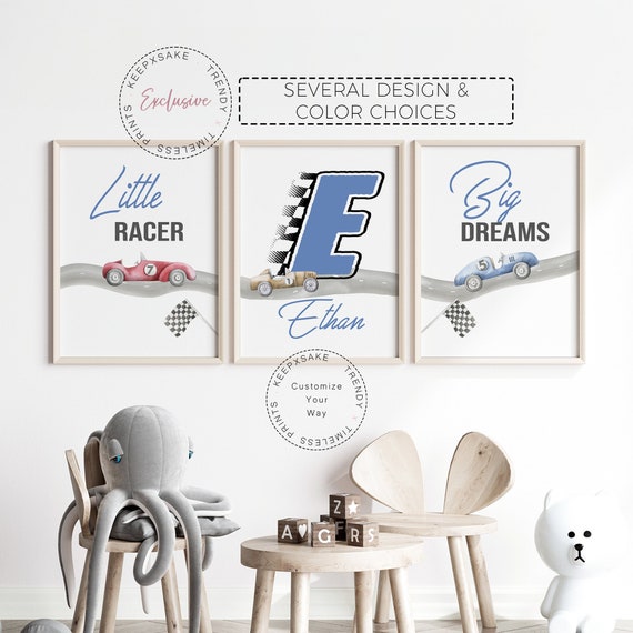 Race Car Nursery Prints | Race Car Wall Art | Race Car Boy Room Decor | Watercolour Vintage Blue Race Car Prints | Personalized Car Bedroom