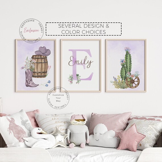 Cowgirl Floral Nursery Decor | Custom Baby Girl Wall Art |Country Girl Western Wall Art | Cowgirl Floral Room Prints |Purple Cowgirl Nursery