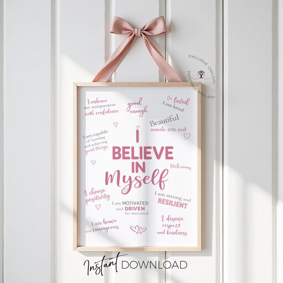 Tween Girl Affirmation Wall Art Printable, I Believe In Myself Poster, Pink Positive Quotes Print, Teen Girls Bedroom Decor, Confidence Art