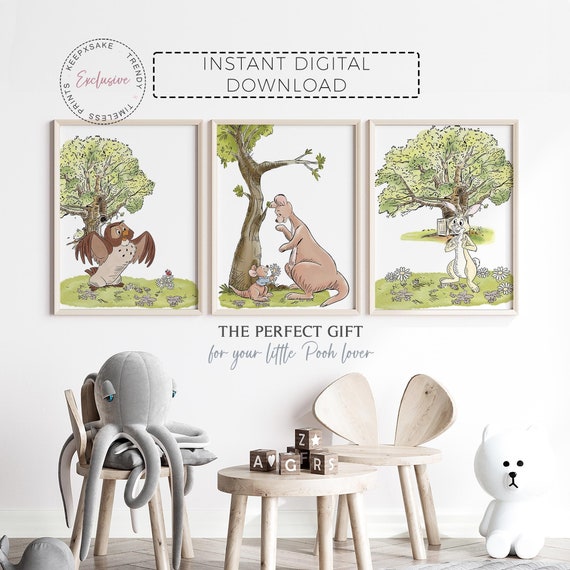 Winnie the Pooh and Friends Wall Art, Set of 3 | Kanga and Roo Art Prints | Rabbit, Owl Pooh Friends Decor | Pooh Nursery | Digital Download