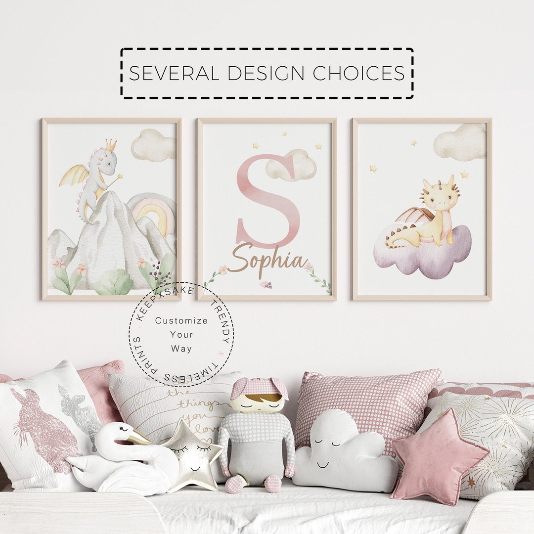 Watercolor Baby Dragon Nursery Prints, Personalized Name, Set of 3 ...