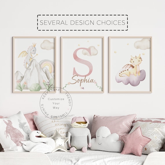 Pink Dragon Nursery Wall Art, Personalized |Girl Nursery Prints |Baby Dragons Prints |Mythical Creatures Decor |Fairytale Room Printable Art