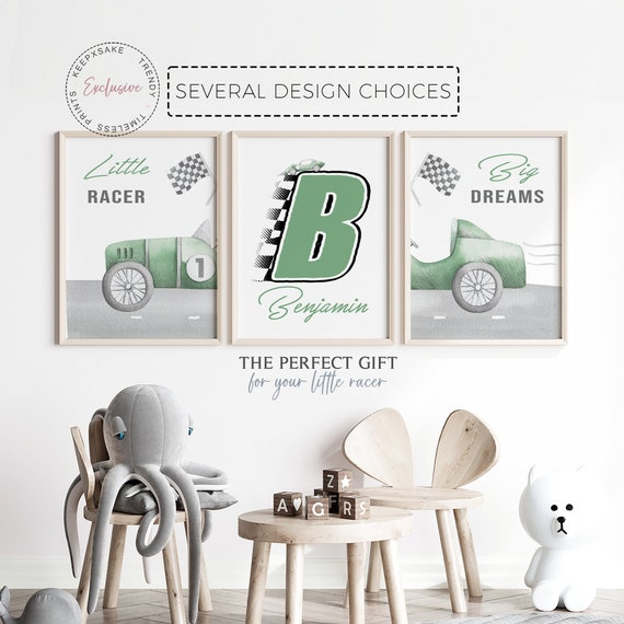 Racing Car Nursery Prints | Boys Bedroom Personalized Decor |Green Race Car Poster Set of 3 |Watercolour Vintage Green Race Car Custom Print