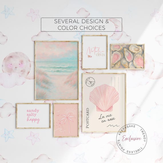 Personalized Coastal Wall Art Set of 6 – Blush Beach Prints, Custom Name Sign, Ocean Nursery Decor, Printable Art
