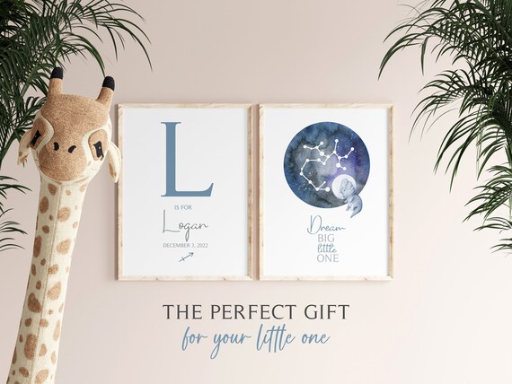 Dinosaur Personalized Name Prints | Space Dinosaur Room Prints, Set of 2 | Zodiac Sign Gift | Baby Print | Dinosaur Decor | Baby Boy Nursery