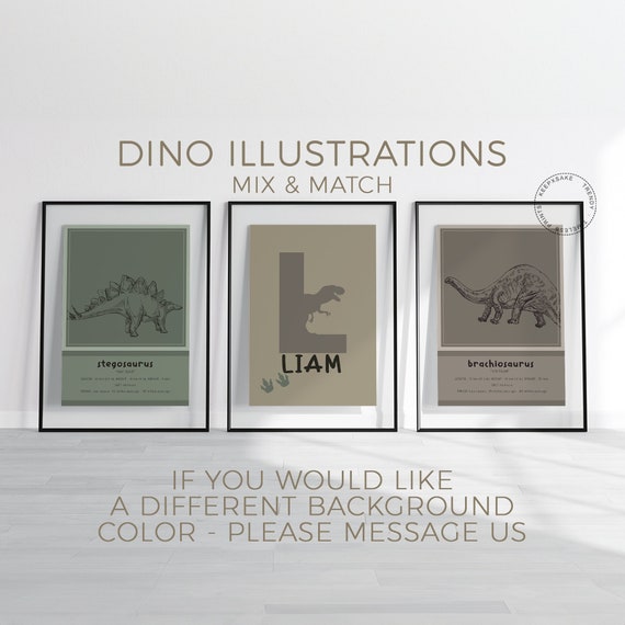 Dinosaur Prints, Set of 3 | Dinosaur Hand Drawings, Personalized | Toddler Room Dino Decor | Dinosaur Decor for Boys Room | Toddler Wall Art