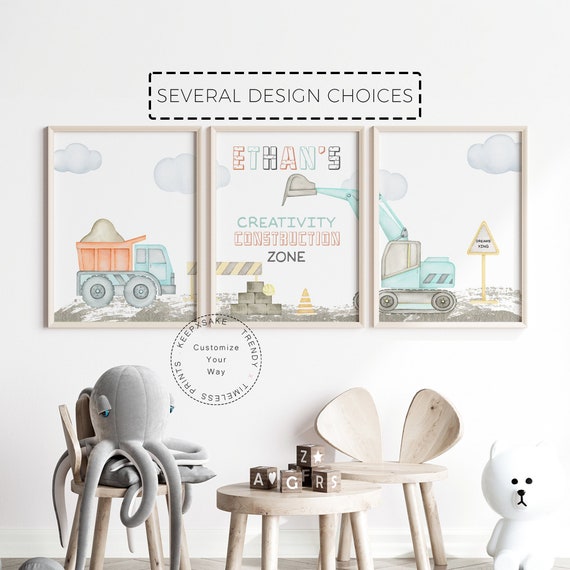 Set of 3 Construction Vehicle Nursery Prints | Personalized Baby Gift | Transport Digger Construction Playroom Posters |Toddler Boy Wall Art