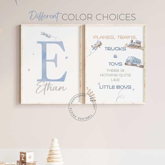 Construction Vehicle Prints, Set of 2 | Watercolor Tranportation Print | Boy Nursery Wall Decor | Initial Name Print | Vehicle Quote Print