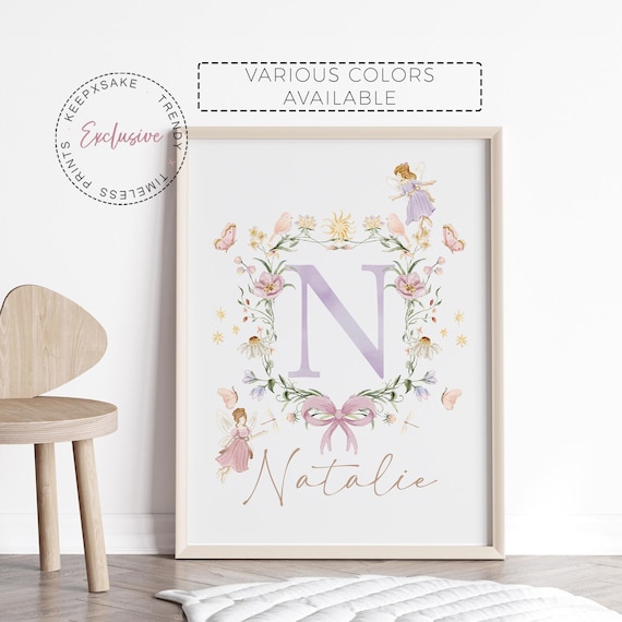 Fairy Floral Nursery Name Print | Girl Wildflower Fairy Name Sign | Rainbow Fairy Decor |Fairies Butterfly Nursery Wall Art | Baby Girl Gift