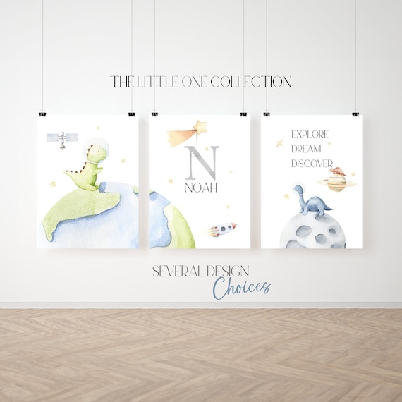 Toddler Boy Dino Space Room Decor | Space Dinosaurs Printable Wall Art  | Personalized Outer Space Prints | Earth Moon Star Set |  Boy Gift