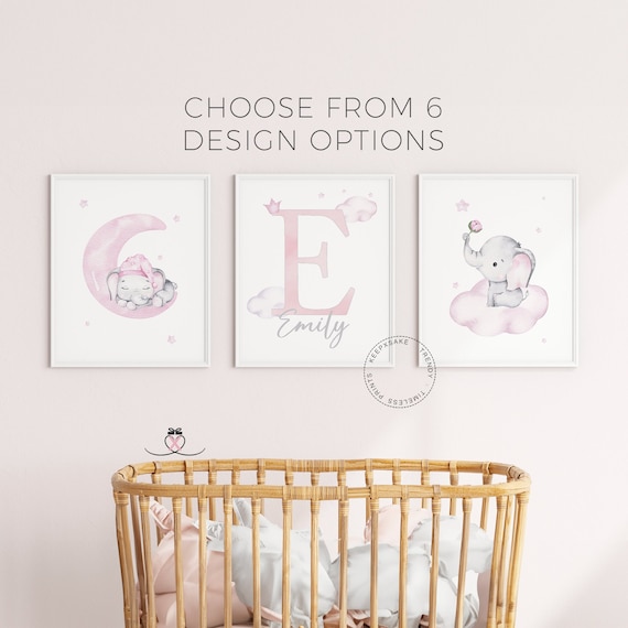 Blush Pink Nursery, Set of 3 | Baby Elephant Nursery Decor | Personalized Girl Nursery Prints | Baby Girl Nursery Elephant Floral Wall Art
