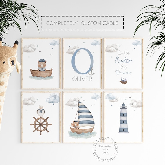Nautical Teddy Bear Prints, Set of 6 | Personalized Boy Nursery Printable Wall Art Nautical Boy Nursery Prints |Navy Sailboat Ocean Posters