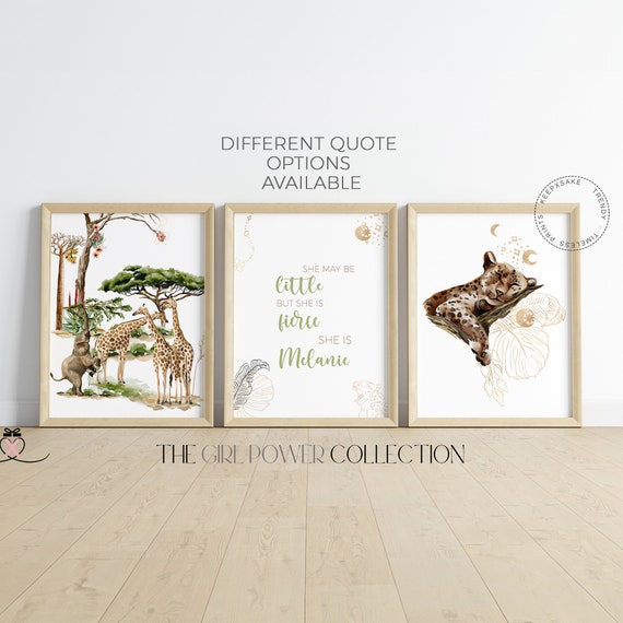 Safari Elephant Giraffe Leopard Animal Prints | Personalized Baby Girls Nursery | Set of 3 Beige Jungle Prints | Neutral Boho Quote Decor