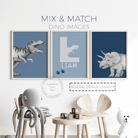 Dinosaur Prints, Personalized | Boys Bedroom Dinosaur Wall Art, Set of 3 |Blue Tones Wall Art| Dinosaur Decor Printables |Toddler Room Decor