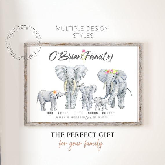 Personalised Elephant Family Print |  Custom Elephant Family Printable Art | Christmas Gift for Family, Mummy, Mom | New Baby Gift