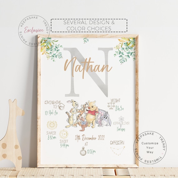 Winnie the Pooh Baby Room| Birth Stats Print Winnie the Pooh Poster | Nature Themed Decor| Pooh and Friends | Christening Gift | Pooh Nurser