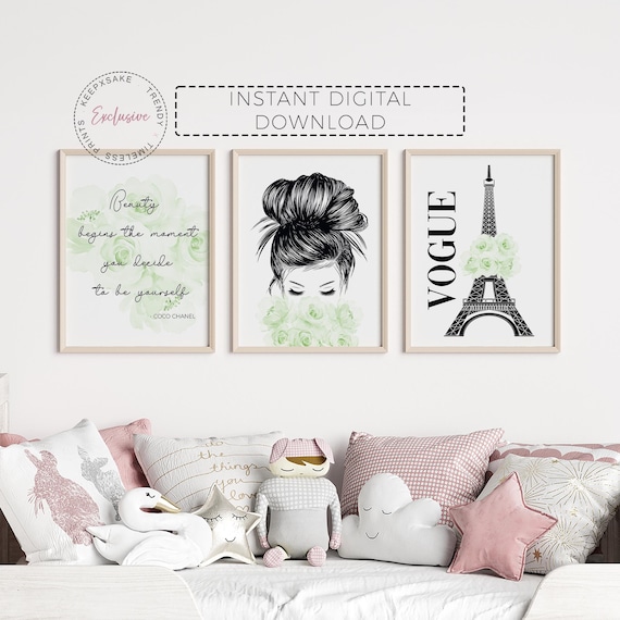 Teenage Girl Fashion Prints | Lime Cream Girl Bedroom Glam Wall Decor | Perfume Roses Print | Eiffel Tower Vogue Girl Bedroom Printable Art
