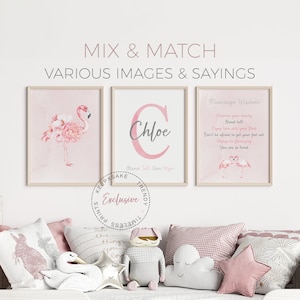 Estampados de flamencos, personalizados / Decoración de habitación infantil rosa / Decoración de dormitorio infantil con flamencos / Estampados de dormitorio infantil / Decoración de pared inspiradora para niñas