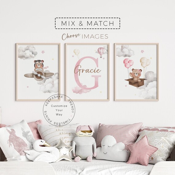 Teddy Bear Nursery Girl Prints | Airplane Bear Wall Art | Personalized Baby Girl Gift | Teddy Balloons Nursery Wall Decor |Baby Girl Nursery
