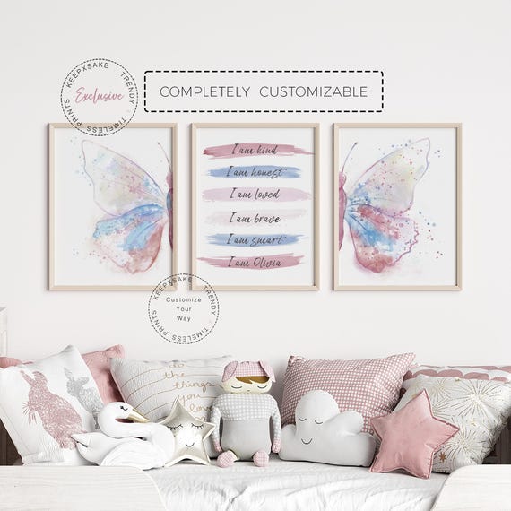 Positive Affirmations Butterfly Print | Set of 3 Rose Pink Butterfly Wall Art | Teen Bedroom Prints | Girls Motivational Printable Wall Art