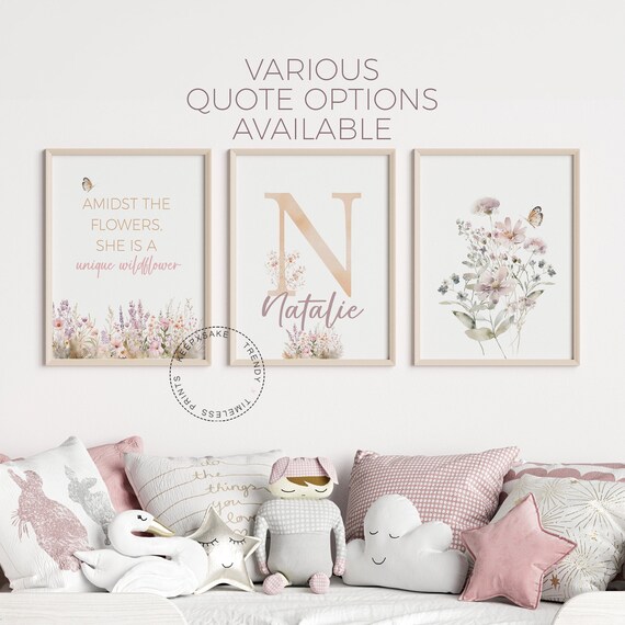 Custom Wildflowers Prints | Floral Nursery Wall Art | Personalized Name Sign Initial | Boho Baby Girl Nursery Wall Art | Watercolor Flowers