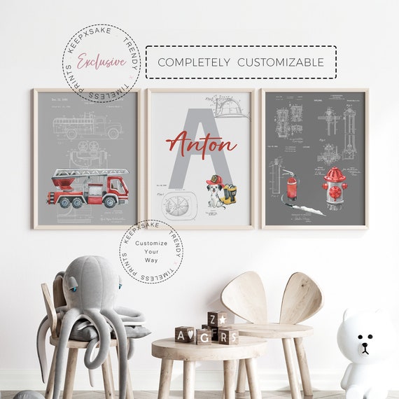 Rescue Vehicle Fire Truck Set of 3 Prints |Firefighter Truck Blueprint Decor |Firefighter Patent Prints, Personalized |Boys Bedroom Wall Art