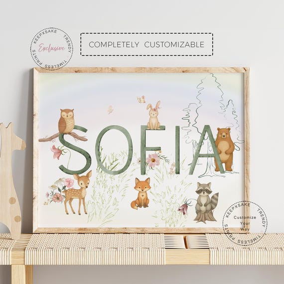 Girl Woodland Animals, Personalized | Rainbow Butterflies Name Wall Art | Bunny Forest Animals Decor | Fairytale Name Sign |Baby Shower Gift