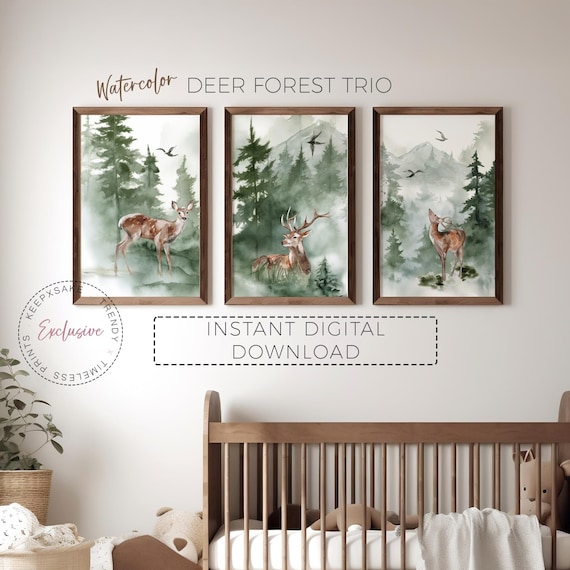 Woodland Deer Wall Art Set, Forest Animal Prints — Green Mountain Nursery Decor for Neutral Baby or Kids Room Download