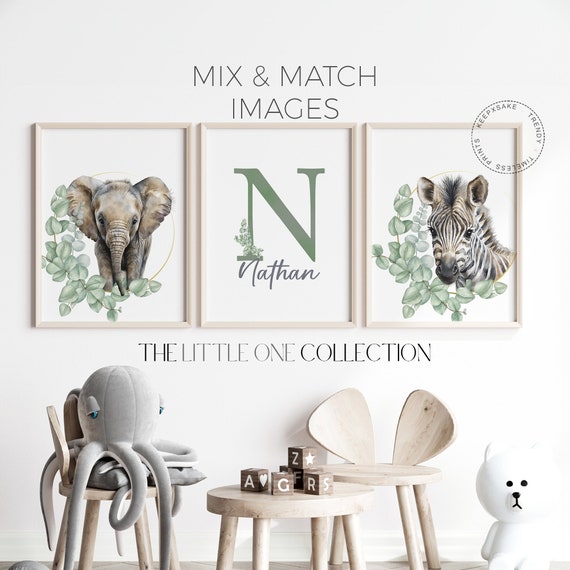 Safari Nursery Decor, Personalized |Boho Nursery Wall Art |Safari Animal Nursery Prints, Set of 3 |Elephant, Giraffe, Zebra Nursery Wall Art