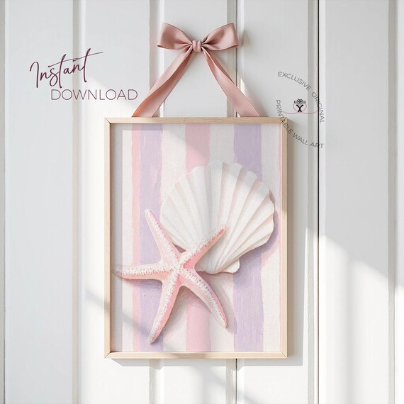 Seashell Starfish Nursery Print, Coastal Girls Room Wall Art, Pink Purple Watercolor Ocean Decor, Mermaid Beach Printable