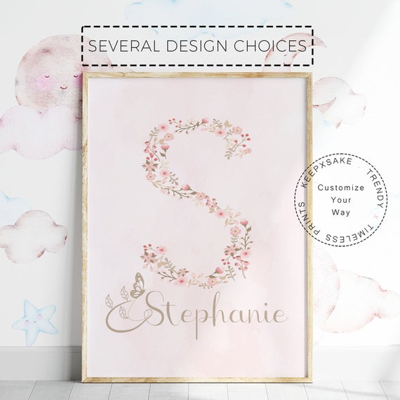 Floral Initial Name Print, Personalized | New Baby Girl Gift | Flower Baby Name Print | Pink Nursery Decor | Pink Floral Nursery Print