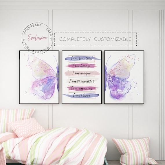 Girls Positive Affirmation Personalized Print | Set of 3 I Am Butterfly Custom Wall Art | Girls Bedroom Prints | Motivational Girls Wall Art