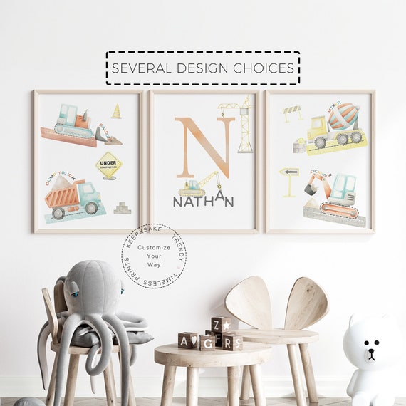 Set of 3 Construction Vehicle Prints | Boy Nursery Decor | Crane Digger Trucks Wall Art | Play Room Posters | Watercolor Construction Prints