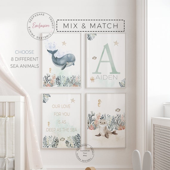 Under the Sea Nursery Prints | Sea Life Nursery Prints Set of 4 | Boy Nursery Print | Ocean Animal Kids Room Wall Art | Whale Octopus Print