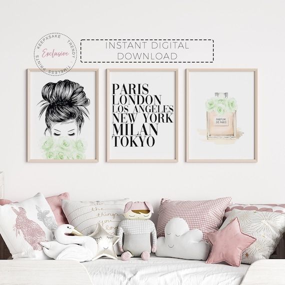 Lime Cream Teenage Girl Fashion Prints | Girl Bedroom Glam Wall Decor | Perfume Roses Print | Eiffel Tower Vogue Girl Bedroom Printable Art