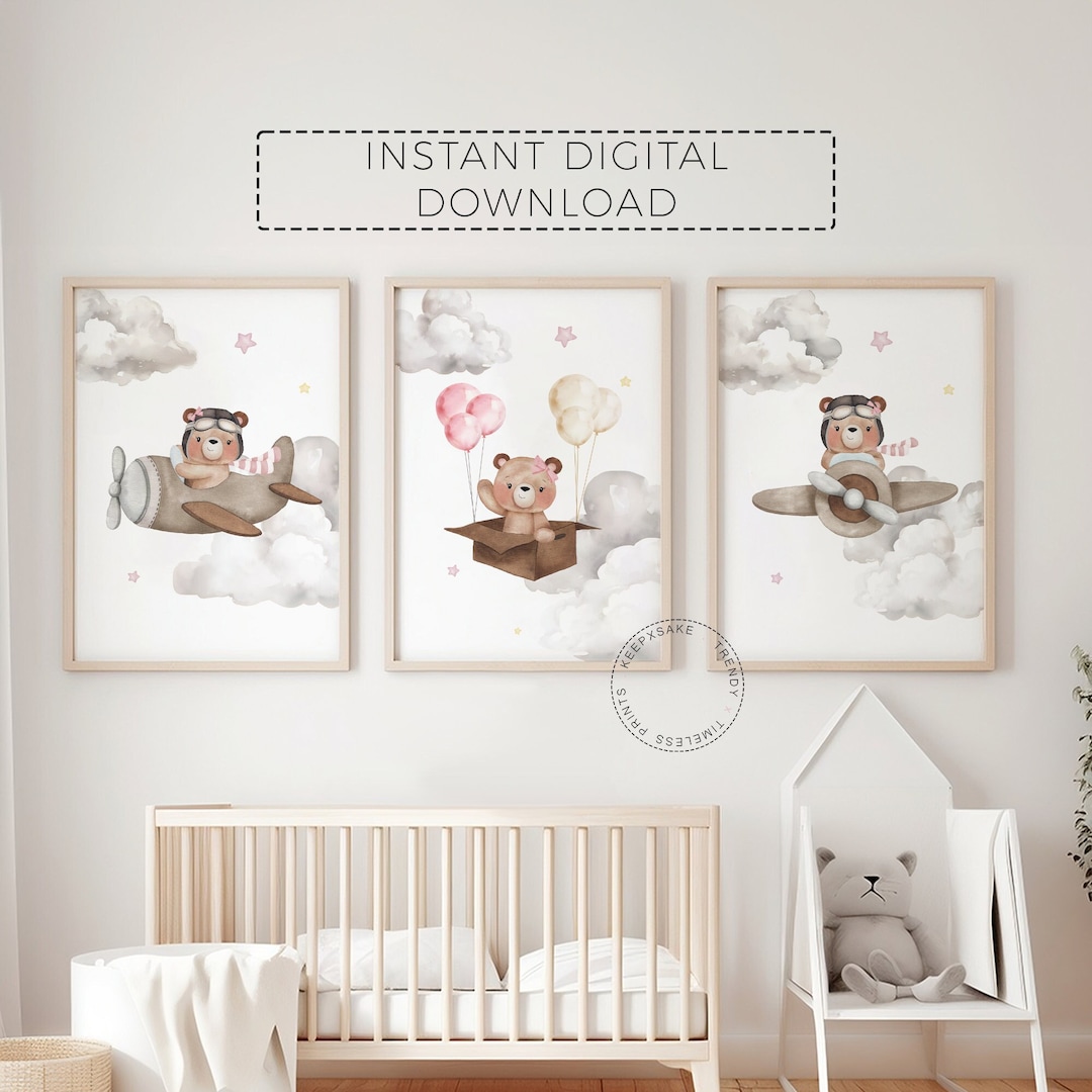 Girl Teddy Bear Balloons Nursery Prints Set of 3 | Pink Nursery Decor ...