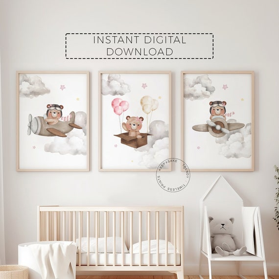Girl Teddy Bear Balloons Nursery Prints Set of 3 | Pink Nursery Decor |New Baby Girl Gift | Bear Airplane Nursery Wall Art |Digital Download