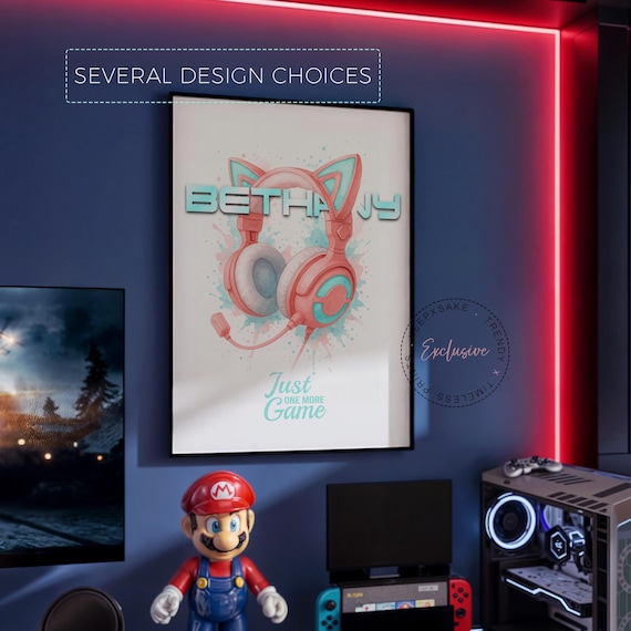 Gamer Girl Wall Art • Personalized Cat Ear Headphones Print • Custom Name Gaming Poster • Teen Girl Room Decor • Digital Download